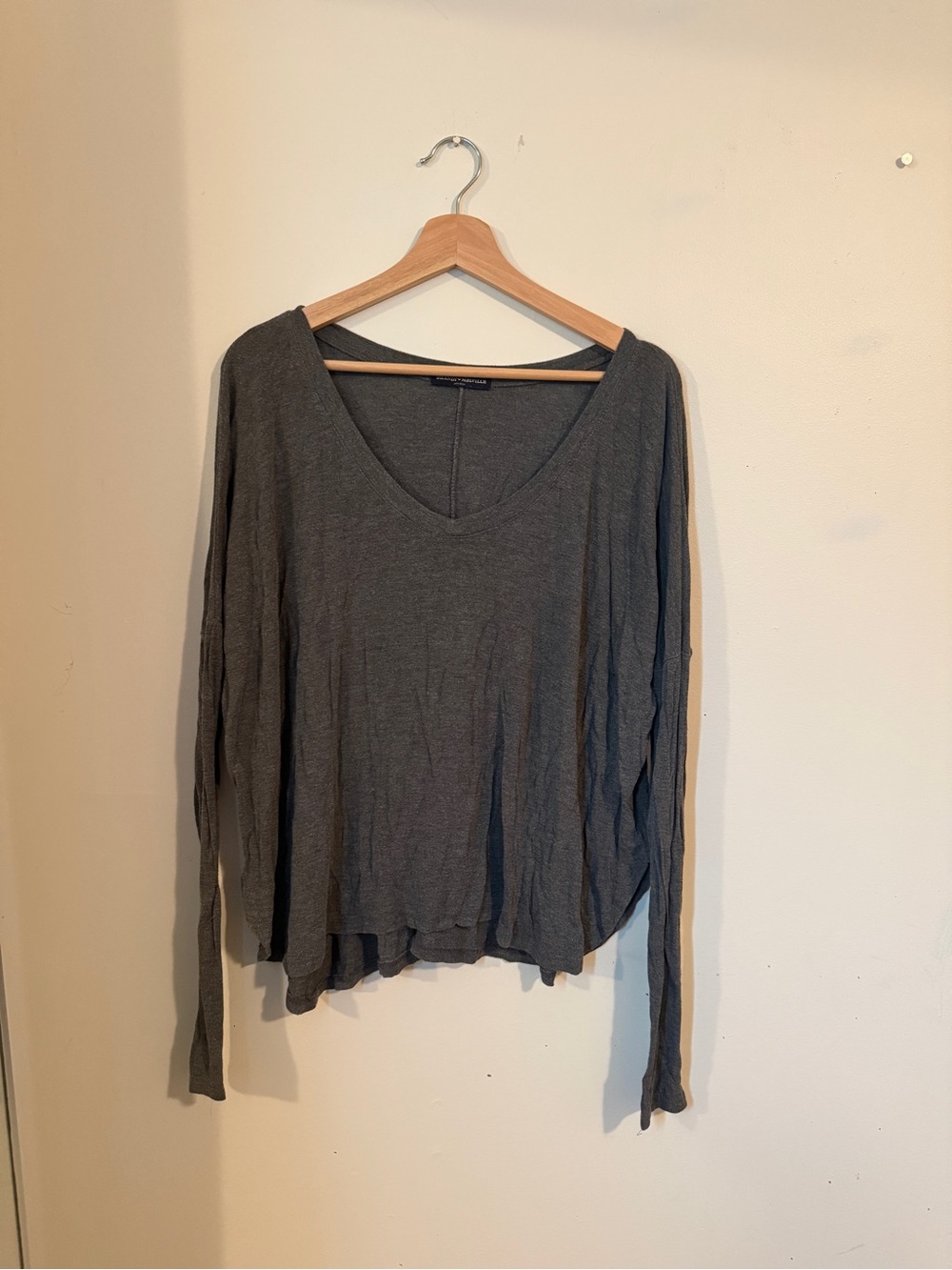 Brandy Melville Deep V Long Sleeve Top - Charcoal Gray